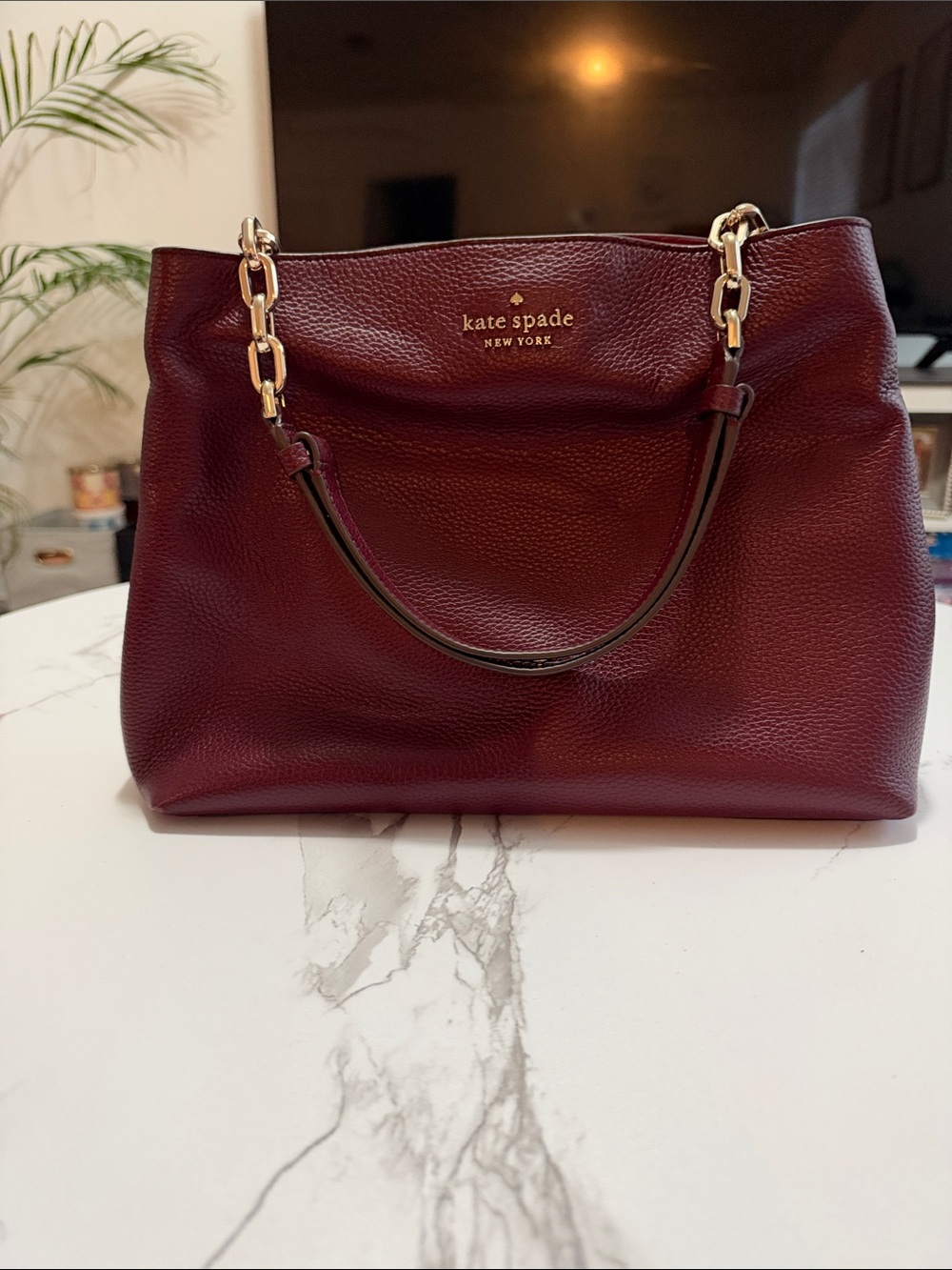 kate spade Burgundy Pebbled Leather Shoulder Tote with Gold Chain